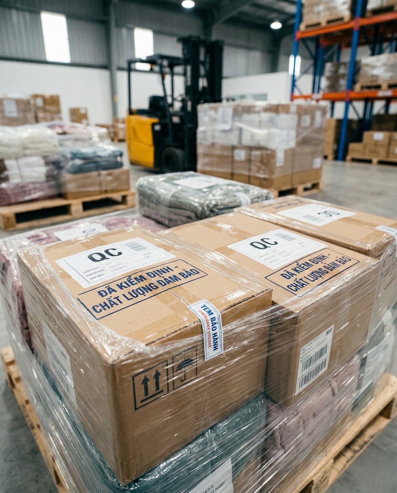 Hình ảnh hàng được đóng tem QC cẩn thận tại kho vải.