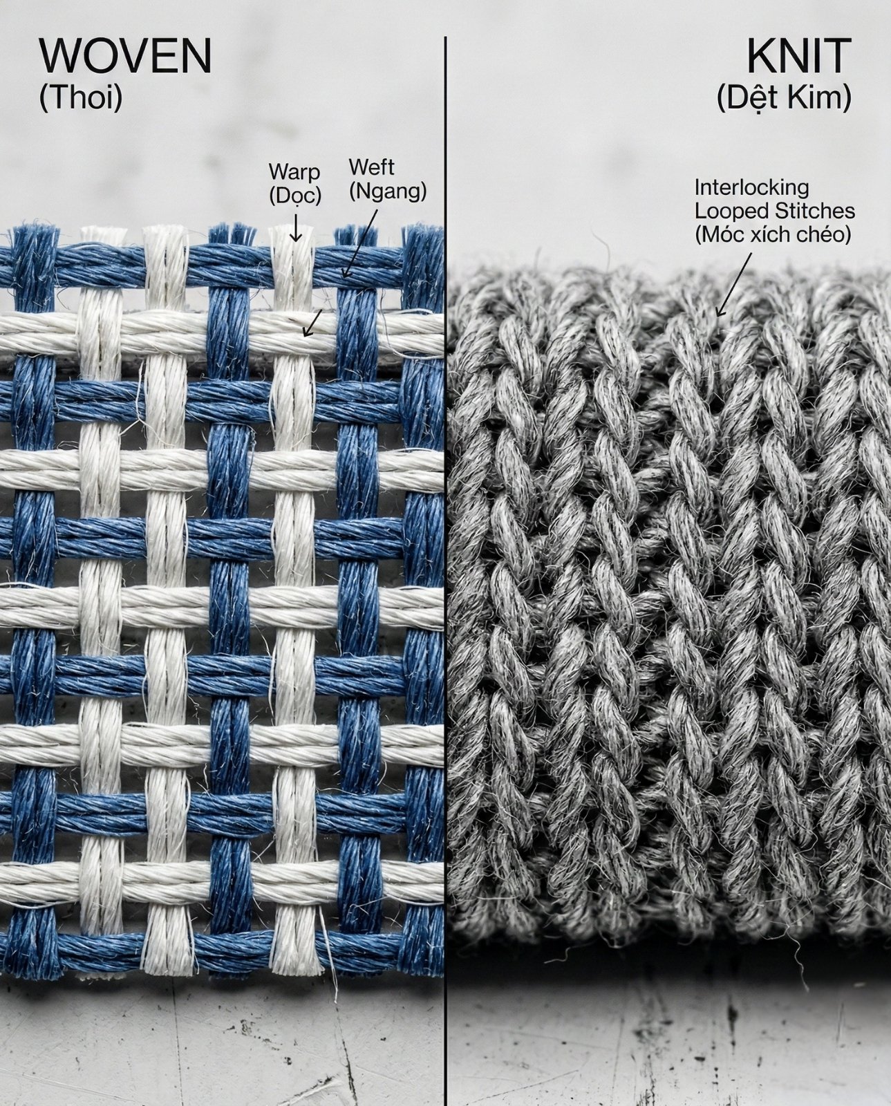 So sánh cấu trúc vải Woven và vải Knit.