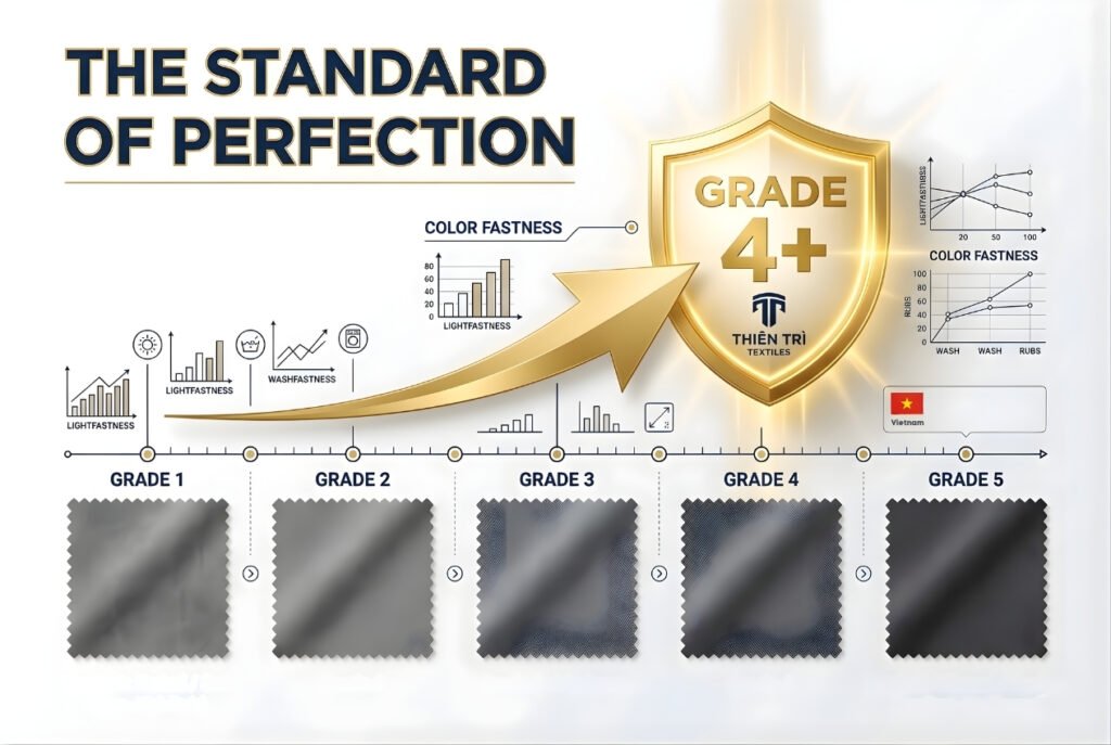 Thang đo tiêu chuẩn độ bền màu vải dệt thoi Thiên Trì Textiles Grade 4+ so với vải thông thường.