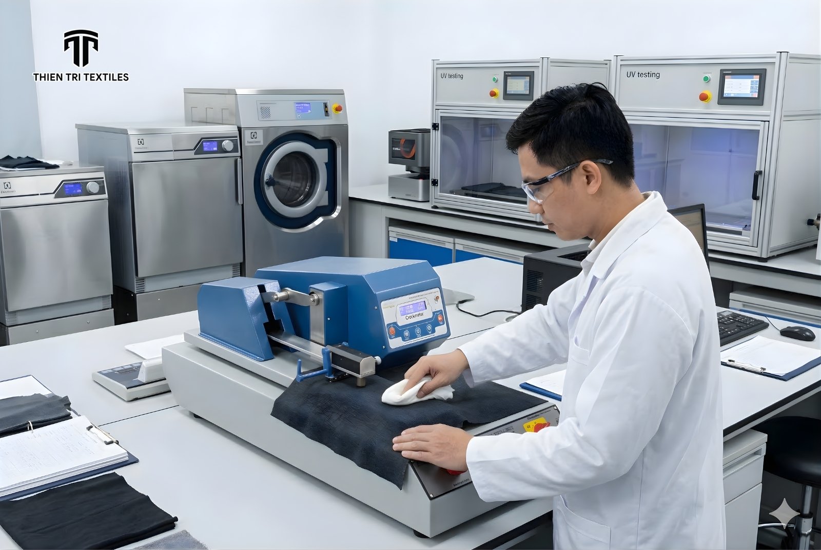 Quy trình nhuộm hoạt tính và kiểm định chất lượng vải nghiêm ngặt tại phòng Lab Thiên Trì Textiles.