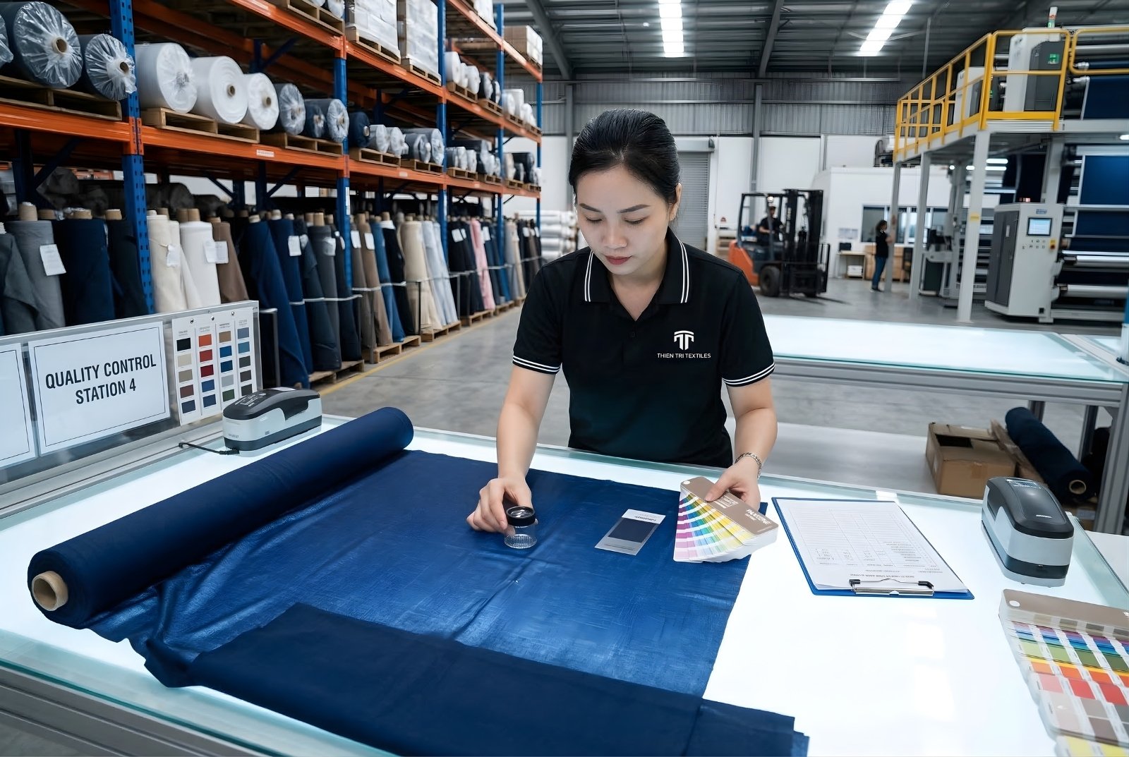 Nhân viên Thiên Trì kiểm tra chất lượng vải trên máy soi chuyên dụng trước khi xuất kho.