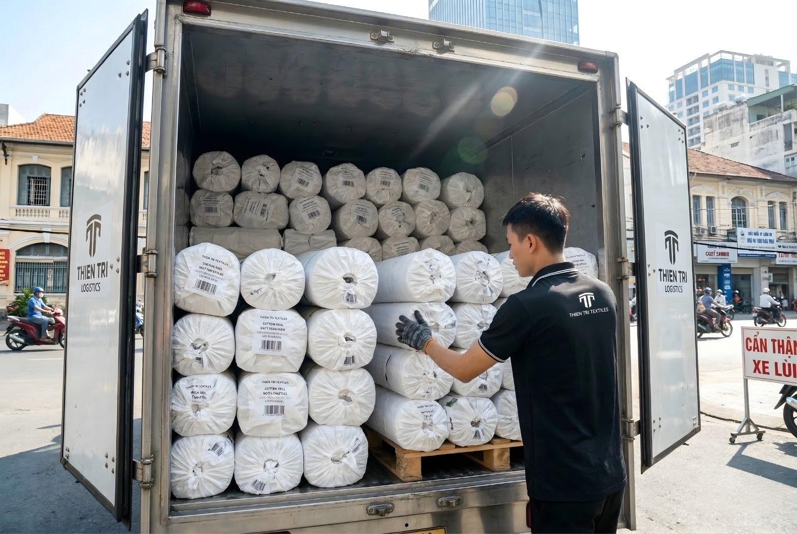 Quy trình bốc xếp vải khoa học lên xe tải giao hàng nhanh trong ngày từ Thiên Trì.