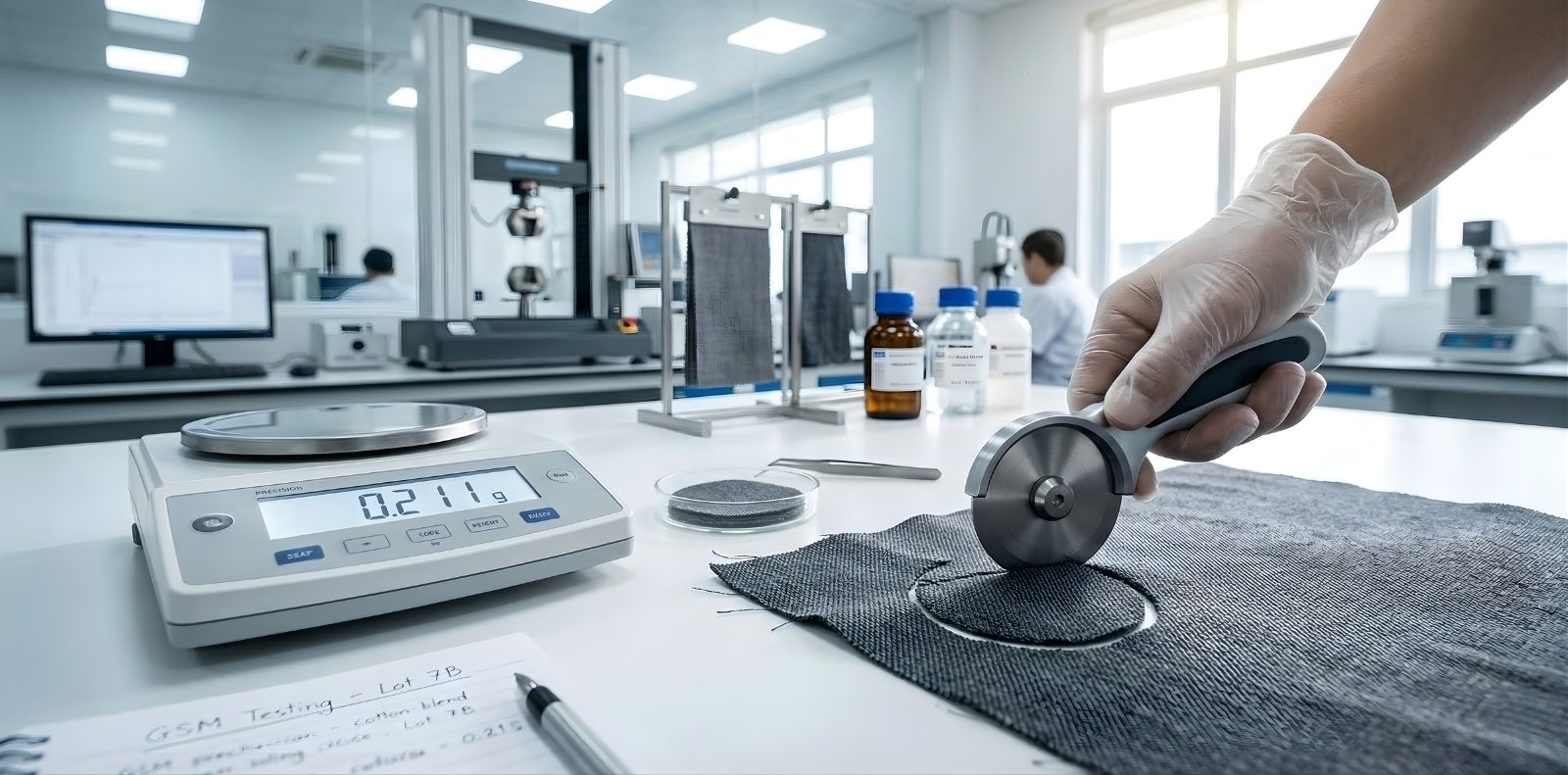 Cận cảnh quy trình cân đo GSM chính xác tại phòng Lab hiện đại của Thiên Trì Textiles.